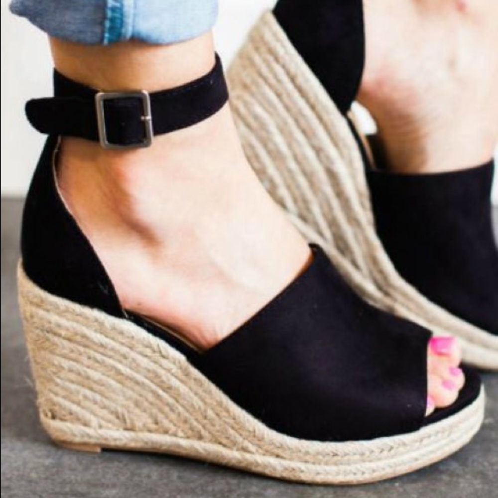 2 LEFT💗black espadrille wedges peep toe - Picture 4 of 4